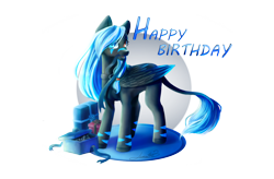 Size: 1386x907 | Tagged: safe, artist:huayan, imported from derpibooru, oc, oc only, pegasus, pony, gift art, happy birthday, heterochromia, leonine tail, present, simple background, solo, transparent background
