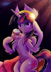 Size: 2435x3444 | Tagged: safe, artist:alexbluebird, imported from derpibooru, twilight sparkle, alicorn, pony, bipedal, blushing, cushion, drink, drinking, female, fluffy, headphones, horn, looking at you, mare, sitting, smiling, solo, straw, twilight sparkle (alicorn), wings