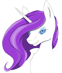 Size: 826x960 | Tagged: safe, artist:swiggitins, imported from derpibooru, rarity, pony, bust, commission info, female, lidded eyes, portrait, simple background, smiling, solo, white background