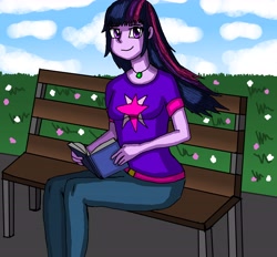 Size: 6600x6122 | Tagged: safe, artist:takrontoxicity, imported from derpibooru, twilight sparkle, equestria girls, absurd resolution, bench, book, clothes, cute, cutie mark on clothes, female, looking at you, pants, sitting, smiling, solo