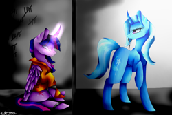 Size: 1024x683 | Tagged: safe, artist:purediamond360, imported from derpibooru, trixie, twilight sparkle, alicorn, pony, clothes, key, magic, mouth hold, prison outfit, prisoner ts, twilight sparkle (alicorn)