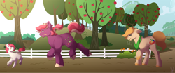 Size: 6000x2500 | Tagged: safe, artist:mah521, imported from derpibooru, oc, oc only, oc:apple dust, oc:chocolate apple, oc:manchester cherry, earth pony, pony, apple tree, female, fence, filly, high res, male, offspring, parent:apple bloom, parent:applejack, parent:big macintosh, parent:pipsqueak, parent:sugar belle, parents:pipbloom, parents:sugarmac, stallion, tree