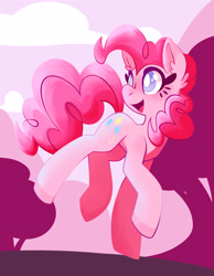 Size: 3500x4500 | Tagged: safe, artist:candelish, imported from derpibooru, pinkie pie, pony, cloud, cute, diapinkes, ear fluff, female, happy, high res, open mouth, solo, tree, white pupils