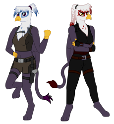 Size: 2090x2267 | Tagged: safe, artist:syforcewindlight, imported from derpibooru, oc, oc:joanna, anthro, griffon, anthro oc, crossed arms, doppelganger, griffon oc, gun, handgun, holster, leg in air, pistol, simple background, tomb raider, transparent background