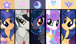 Size: 2372x1366 | Tagged: safe, artist:velveagicsentryyt, imported from derpibooru, princess flurry heart, oc, oc:galaxy swirls, oc:moonlight sonata, oc:mysterilestia, oc:velvet sentry, alicorn, hybrid, pony, female, interspecies offspring, mare, offspring, older, parent:discord, parent:flash sentry, parent:king sombra, parent:princess celestia, parent:princess luna, parent:twilight sparkle, parents:dislestia, parents:flashlight, parents:lumbra