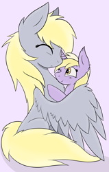 Size: 1316x2064 | Tagged: safe, artist:kamii, artist:vengefulstrudel, imported from derpibooru, derpy hooves, dinky hooves, pegasus, pony, unicorn, chest fluff, cute, daughter, derpabetes, dinkabetes, duo, equestria's best daughter, equestria's best mother, eyes closed, female, headcanon, hug, like mother like daughter, like parent like child, mother, mother and daughter, simple background, winghug