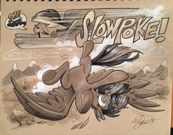 Size: 2048x1596 | Tagged: safe, artist:andypriceart, imported from derpibooru, rainbow dash, twilight sparkle, alicorn, pegasus, pony, armpits, cloud, duo, female, flying, leaf, mare, monochrome, mountain, rainbow douche, sky, snow, speech bubble, text, traditional art, twilight sparkle (alicorn), wings, you're too slow