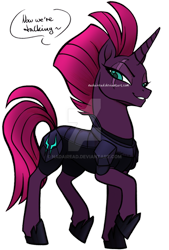 Size: 736x1086 | Tagged: safe, artist:nadairead, imported from derpibooru, tempest shadow, pony, unicorn, my little pony: the movie, armor, bad end, evil grin, eye scar, female, good end, grin, happy, looking at you, mare, scar, simple background, smiling, smirk, smug, smugest shadow, solo, speech, speech bubble, tempest gets her horn back, tempest now has a true horn, text, transparent background, watermark