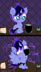 Size: 2756x4823 | Tagged: safe, artist:darkest-lunar-flower, imported from derpibooru, princess luna, tantabus, oc, oc:somnium dulcis, alicorn, pony, tumblr:somnium dulcis, baby, baby pony, coffee, exclamation point, heart, ink, interrobang, magical parthenogenic spawn, offspring, parent:princess luna, question mark, sparkly, this will not end well, tumblr, uh oh