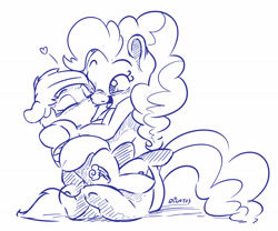 Size: 3097x2572 | Tagged: safe, artist:dilarus, deleted from derpibooru, imported from derpibooru, pinkie pie, rainbow dash, earth pony, pegasus, pony, meet-the-pones, cute, eyes closed, female, heart, hug, kissing, lesbian, mare, monochrome, one eye closed, pinkiedash, shipping, signature, simple background, sketch, smoldash, white background