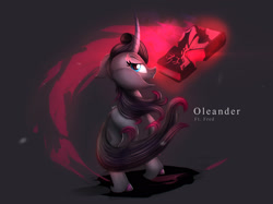 Size: 2297x1722 | Tagged: safe, artist:blackligerth, imported from derpibooru, fhtng th§ ¿nsp§kbl, oleander, classical unicorn, them's fightin' herds, book, colored hooves, community related, curved horn, female, gray background, looking back, mare, oleander (tfh), rear view, simple background, solo, unicornomicon, unshorn fetlocks