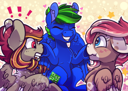 Size: 600x428 | Tagged: safe, artist:breioom, artist:cloureed, imported from derpibooru, oc, oc only, oc:autumn shimmer, oc:circuit breaker, oc:strawberry breeze, pegasus, pony, blushing, boop, female, group, male, surprised, trio