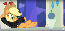 Size: 1598x768 | Tagged: safe, artist:adamanimationz, imported from derpibooru, applejack, earth pony, pony, apple, clothes, female, food, friendship throne, glasses, hat, hologram, hooves on the table, parody, reclining, reference, solo, source, steve jobs, sweater, throne, youtube link