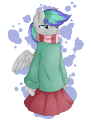 Size: 3000x4000 | Tagged: safe, artist:lionbun, artist:littledreamycat, imported from derpibooru, oc, oc only, oc:storm feather, anthro, pegasus, clothes, crossdressing, cute, male, pleated skirt, scarf, skirt, solo, stallion