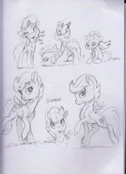 Size: 2552x3508 | Tagged: safe, artist:dilarus, deleted from derpibooru, imported from derpibooru, scootaloo, twilight sparkle, oc, earth pony, pegasus, pony, unicorn, bust, dialogue, faceplant, female, filly, grayscale, laughing, mare, monochrome, raised hoof, signature, sitting, traditional art