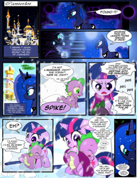 Size: 1275x1650 | Tagged: safe, artist:dsana, imported from derpibooru, king sombra, princess luna, spike, starlight glimmer, sunburst, twilight sparkle, alicorn, dragon, pony, unicorn, comic:the shadow shard, abuse, angry, canterlot, clothes, comic, crying, dream, dream walker luna, female, filly, filly twilight sparkle, glowing horn, scarf, snow, sombra eyes, speech bubble, spikeabuse, younger