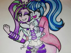 Size: 3690x2768 | Tagged: safe, artist:mlpshimmysunshine123, imported from derpibooru, aria blaze, sonata dusk, equestria girls, duo, eyes closed, female, happy, hug, hug from behind, one eye closed, signature, simple background, sisters, smiling, traditional art, white background