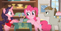 Size: 829x428 | Tagged: safe, imported from derpibooru, screencap, jiffy bake, mudbriar, pinkie pie, season 8, the maud couple, bakery, promo, rachael ray, standing up, youtube link