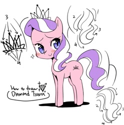 Size: 931x938 | Tagged: safe, artist:moka, imported from derpibooru, diamond tiara, earth pony, pony, blushing, cute, diamondbetes, female, filly, how to draw, jewelry, looking at you, simple background, solo, tiara, tutorial, white background