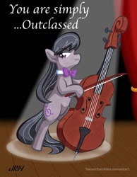 Size: 720x928 | Tagged: safe, artist:texasuberalles, imported from derpibooru, part of a set, octavia melody, earth pony, pony, bipedal, bowtie, cello, colored pencil drawing, female, hoof hold, mare, marker drawing, musical instrument, solo, spotlight, stage, traditional art