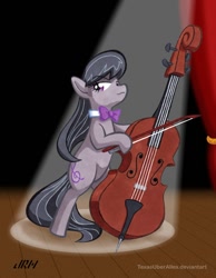 Size: 720x928 | Tagged: safe, artist:texasuberalles, imported from derpibooru, part of a set, octavia melody, earth pony, pony, bipedal, bow, bowtie, cello, colored pencil drawing, concert, female, hoof hold, looking at you, mare, marker drawing, musical instrument, scene, solo, spotlight, stage, standing, traditional art