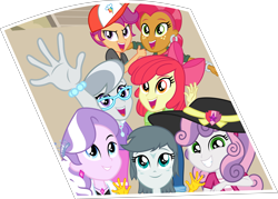 Size: 8871x6354 | Tagged: safe, artist:punzil504, imported from derpibooru, apple bloom, babs seed, diamond tiara, gabby, scootaloo, silver spoon, sweetie belle, equestria girls, equestria girls series, forgotten friendship, absurd resolution, cutie mark, cutie mark crusaders, equestria girls-ified, glasses, happy, hat, photo, simple background, smiling, the cmc's cutie marks, transparent background