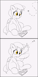 Size: 3939x7836 | Tagged: safe, artist:pabbley, imported from derpibooru, derpy hooves, fly, pegasus, pony, book, comic, female, mare, monochrome, partial color, reading, simple background, sketch, smiling, solo, white background, wings