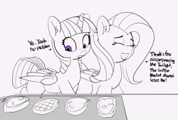 Size: 5613x3803 | Tagged: safe, artist:pabbley, imported from derpibooru, fluttershy, twilight sparkle, alicorn, pony, drool, eyes closed, female, food, mare, meat, monochrome, omnivore twilight, ponies wanting to eat meat, simple background, sketch, smiling, twilight sparkle (alicorn)