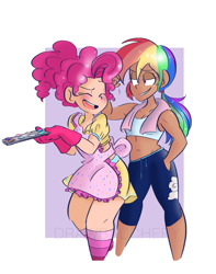 Size: 1239x1570 | Tagged: safe, artist:drawbauchery, imported from derpibooru, pinkie pie, rainbow dash, human, alternat hairstyle, alternate hairstyle, apron, blushing, clothes, cute, dark skin, dashabetes, diapinkes, eyes closed, female, humanized, knee high socks, laughing, lesbian, lidded eyes, mittens, oven mitts, pinkiedash, ponytail, shipping, shorts, socks, striped socks, tanktop, towel