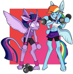 Size: 1584x1597 | Tagged: dead source, safe, artist:moeclere, imported from derpibooru, rainbow dash, twilight sparkle, alicorn, anthro, classical unicorn, unguligrade anthro, unicorn, cloven hooves, curved horn, do you even lift, duo, female, gradient background, leonine tail, lesbian, meme, shipping, simple background, sweat, sweatband, transparent background, twidash, twilight sparkle (alicorn), unshorn fetlocks, weight lifting, weights, wing hold, wings, workout, workout outfit