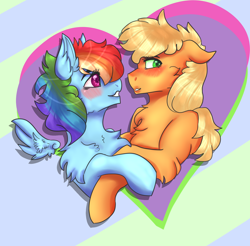 Size: 1024x1007 | Tagged: safe, artist:vvalent, imported from derpibooru, applejack, rainbow dash, appledash, blushing, chest fluff, female, lesbian, looking away, shipping