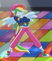 Size: 556x644 | Tagged: safe, imported from derpibooru, screencap, rainbow dash, dance magic, equestria girls, spoiler:eqg specials, converse, cropped, dance floor, eyes closed, female, ponied up, rapper dash, shoes, sneakers