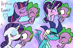 Size: 1024x675 | Tagged: safe, artist:emositecc, imported from derpibooru, princess ember, rarity, spike, starlight glimmer, twilight sparkle, dragon, pony, unicorn, blushing, emberspike, female, heart, kissing, male, shipping, sparity, sparlight, spike gets all the mares, straight, twispike