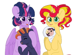 Size: 828x610 | Tagged: safe, artist:fioweress, imported from derpibooru, sunset shimmer, twilight sparkle, oc, oc:antares, oc:muscida, alicorn, unicorn, alternate hairstyle, cute, eyes closed, family, female, hug, lesbian, magical lesbian spawn, offspring, parent:sunset shimmer, parent:twilight sparkle, parents:sunsetsparkle, shipping, simple background, sleeping, sunsetsparkle, tongue out, transparent background, twiabetes, twilight sparkle (alicorn)