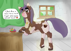 Size: 1250x889 | Tagged: safe, artist:fuzzypones, imported from derpibooru, oc, oc only, oc:vanillacream cocoa, pony, blushing, colored, crossed arms, female, jewelry, pendant, solo, speech bubble, window