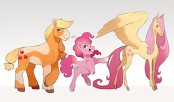 Size: 1280x753 | Tagged: safe, artist:sutexii, imported from derpibooru, applejack, fluttershy, pinkie pie, earth pony, pegasus, pony, butt fluff, coat markings, colored hooves, crossed hooves, cutie mark, female, gradient background, gray background, grin, hoof polish, modelshy, painted hooves, piebald coat, piebald colouring, pinto, rearing, simple background, smiling, spread wings, trio, wings