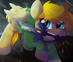 Size: 868x734 | Tagged: safe, artist:donutnerd, imported from derpibooru, oc, oc only, oc:winds (old version), pony, battle pose, lightning, link, solo, storm, sword, the legend of zelda, weapon