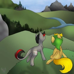 Size: 894x894 | Tagged: safe, artist:melonzy, imported from derpibooru, oc, oc only, oc:cinder smith, oc:winds (old version), pegasus, pony, unicorn, duo, friends, mountain, river, scenery, sitting, standing