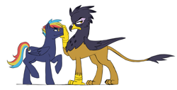 Size: 1364x695 | Tagged: safe, artist:pikokko, imported from derpibooru, oc, oc only, oc:gabrielle, oc:prism bolt, griffon, pegasus, pony, kilalaverse, annoyed, bandaid, female, griffon oc, interspecies, male, offspring, offspring shipping, parent:gilda, parent:rainbow dash, parent:soarin', parents:soarindash, shipping, simple background, stallion, straight, white background