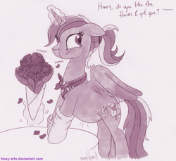 Size: 981x900 | Tagged: safe, artist:foxxy-arts, imported from derpibooru, princess cadance, alicorn, pony, bandana, belly, blushing, bouquet, clothes, cravings, cute, cutedance, eating, female, flower, herbivore, horses doing horse things, implied shining armor, magic, mare, ponytail, pregdance, pregnancy cravings, pregnant, rose, socks, solo, tail wrap