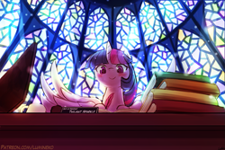 Size: 1125x750 | Tagged: safe, artist:lumineko, imported from derpibooru, twilight sparkle, alicorn, deity, pony, blushing, book, desk, female, like a boss, mare, misspelling, quill, smiling, solo, spread wings, stained glass, twilight sparkle (alicorn), wings, writing