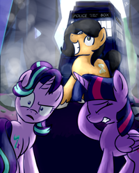 Size: 1024x1280 | Tagged: safe, artist:sugar morning, imported from derpibooru, starlight glimmer, twilight sparkle, oc, alicorn, pony, castle, commission, confused, crash, debris, doctor who, facehoof, female, huh, male, mare, princess, smoke, stallion, tardis, the doctor, twilight sparkle (alicorn), weird