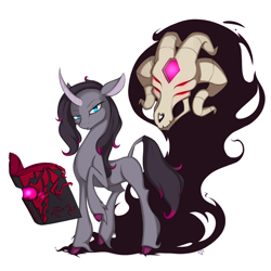 Size: 2100x2100 | Tagged: safe, artist:theparagon, imported from derpibooru, fhtng th§ ¿nsp§kbl, oleander, classical unicorn, demon, them's fightin' herds, book, cloven hooves, colored hooves, community related, curved horn, looking at you, oleander (tfh), raised hoof, simple background, unicornomicon, unshorn fetlocks, white background