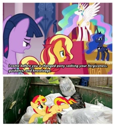 Size: 1275x1398 | Tagged: safe, edit, edited screencap, imported from derpibooru, screencap, princess celestia, princess luna, sunset shimmer, twilight sparkle, alicorn, equestria girls, equestria girls series, forgotten friendship, abuse, angry, background pony strikes again, bad end, drama, drama bait, duckery in the description, op is a duck, op is trying to start shit, shimmerbuse, trash, twilight sparkle (alicorn)