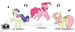 Size: 4810x2038 | Tagged: safe, artist:ggchristian, imported from derpibooru, bon bon, fluttershy, pinkie pie, sweetie drops, pony, andrea libman, dancing, high res, pronking, radio