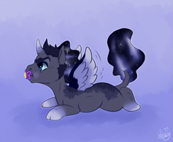 Size: 623x514 | Tagged: safe, artist:qatsby, imported from derpibooru, oc, oc only, oc:somber moon, alicorn, classical unicorn, pony, alicorn oc, baby, baby pony, cloven hooves, colt, ethereal mane, gradient hooves, leonine tail, male, offspring, pacifier, parent:king sombra, parent:princess luna, parents:lumbra, solo, spread wings, starry mane, wings