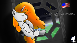 Size: 3072x1728 | Tagged: safe, artist:phenioxflame, artist:steamyart, imported from derpibooru, oc, oc only, oc:phenioxflame, pony, unicorn, american flag, earth, floating, quote, sleeping, solo, space, space station, wallpaper, watermark, zero gravity