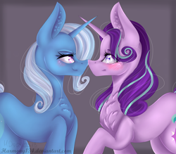 Size: 4000x3500 | Tagged: safe, artist:harmony134, imported from derpibooru, starlight glimmer, trixie, pony, unicorn, blushing, boop, female, lesbian, looking at each other, noseboop, shipping, smiling, smirk, startrix