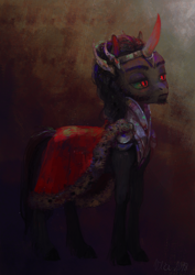 Size: 600x849 | Tagged: safe, artist:wolfiedrawie, imported from derpibooru, king sombra, pony, unicorn, armor, beard, cape, clothes, crown, curved horn, facial hair, jewelry, male, regalia, sideburns, solo, stallion