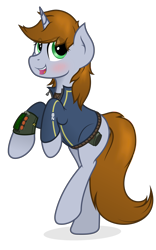 Size: 2500x4000 | Tagged: safe, artist:mrlolcats17, imported from derpibooru, oc, oc only, oc:littlepip, pony, unicorn, fallout equestria, blushing, clothes, cutie mark, fanfic, fanfic art, female, happy, high res, hooves, horn, jumpsuit, mare, open mouth, pipbuck, simple background, solo, teeth, transparent background, vault suit, vector